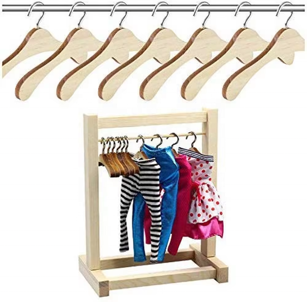 12CM Wooden Non-Slip Space Saving Mini Laundry Hook Clothes Hangers Drying Rack For Dolls Shirts Dresses Sweaters