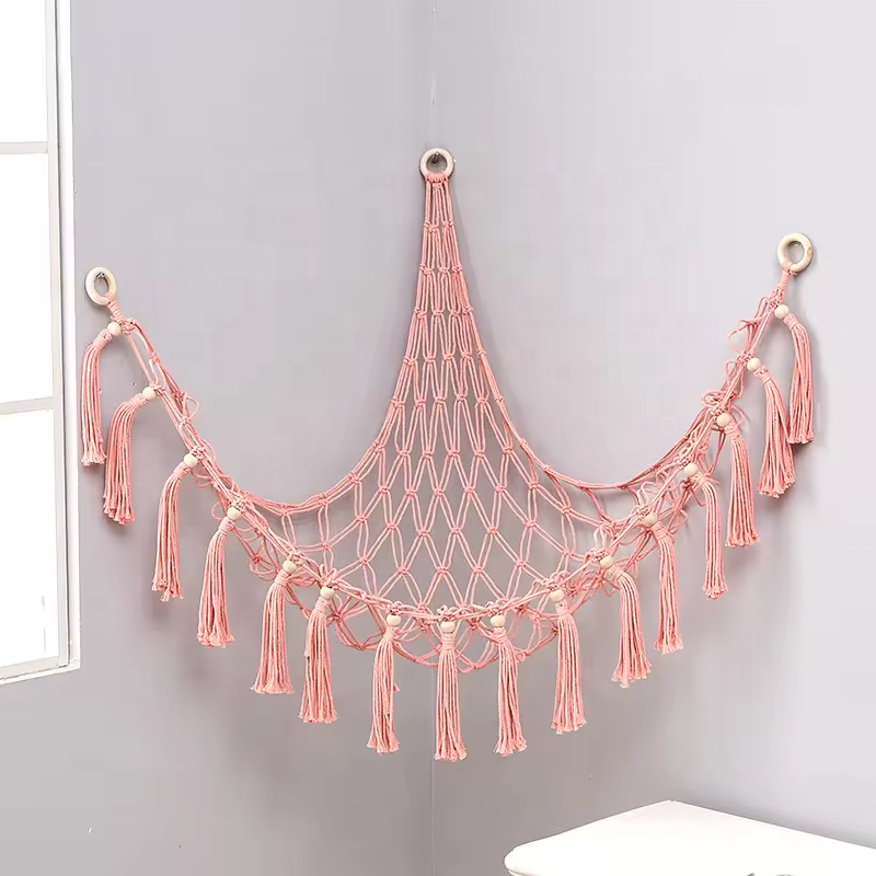 Custom Color Hanging Toy Organizer Net Holder Macrame Boho Tassels Hammock Net Stuffed Animal Storage Hammock