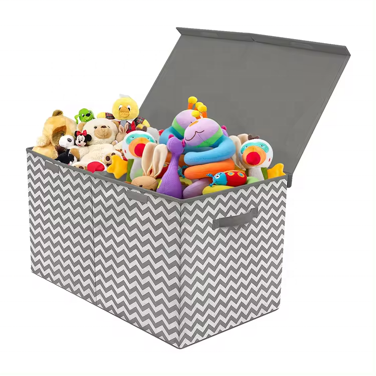 Toy Chest with Flip-Top Lid Wave Pattern Toy Storage Box Collapsible Non-Woven Fabric Storage Bin with Handles for Clothes Toys