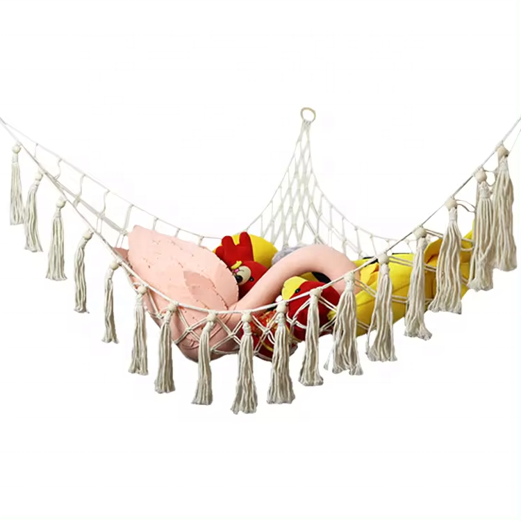 Custom Color Hanging Toy Organizer Net Holder Macrame Boho Tassels Hammock Net Stuffed Animal Storage Hammock