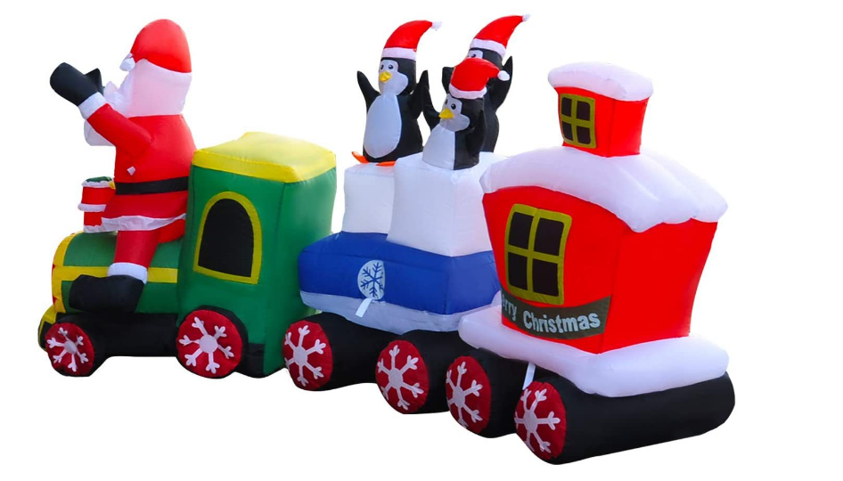 Customized Outdoor Christmas Santa Claus Inflatable Christmas Blown Up Santa Driving Train Decor Yard for Party