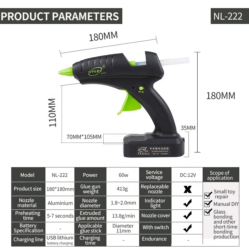 Li Battery cordless hot  Glue Gun 60W 12V DC Diameter 10.8-11.5mm Glue Sticks