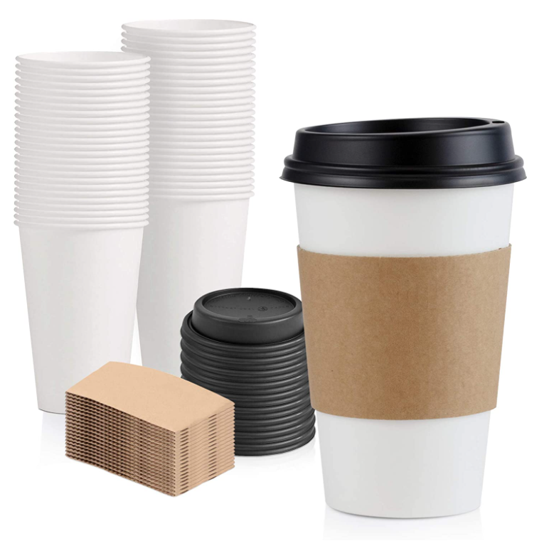 8oz 12 oz 16 oz Hot  White Paper Coffee Cup with Black Dome lid and Kraft Sleeves