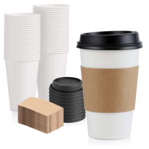 8oz 12 oz 16 oz Hot  White Paper Coffee Cup with Black Dome lid and Kraft Sleeves