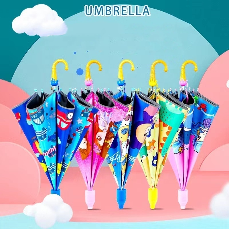 Cartoon Character Rain Straight Kids Children Student Umbrellas with J Handle EVA Material Factory Custom Logo Cute From China