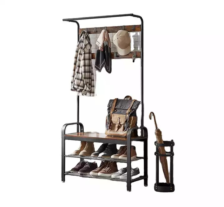 Best Manufacturers Furniture Metal Wooden Hall Tree Bedroom Cloth Bench Coat Rack Entryway Industrial Hanger Rack with Storage