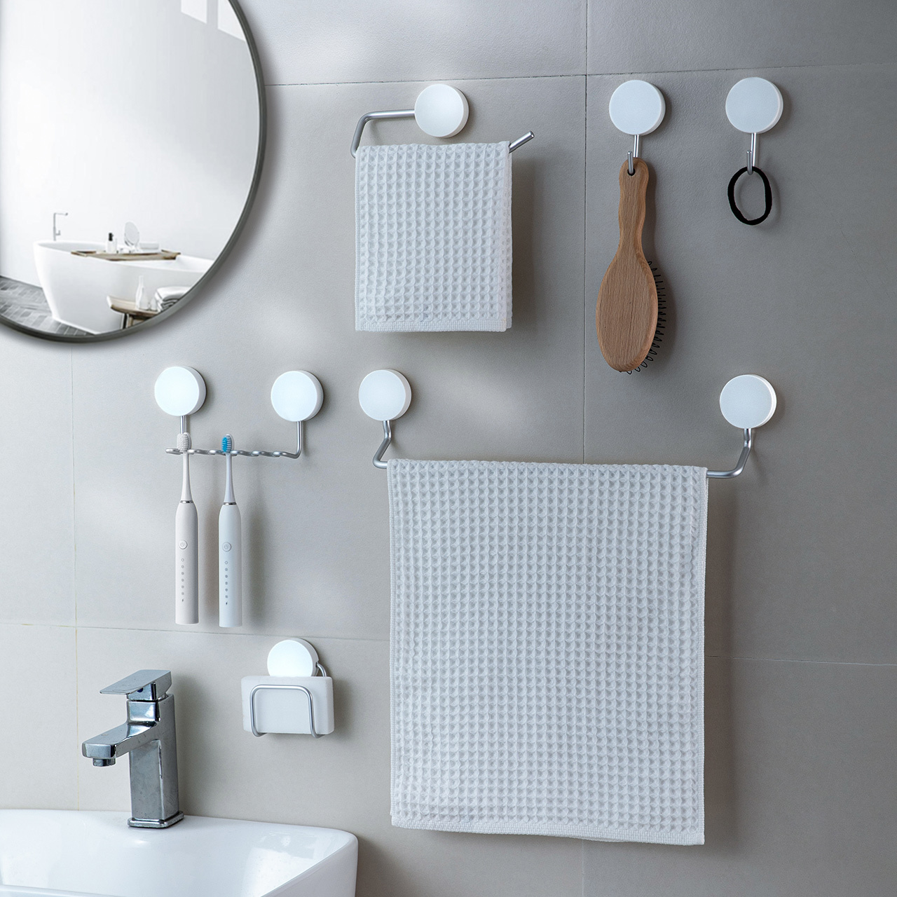 Multiple Designs Bathroom Organizer Durable and Powerful ABS Suction Wall Aluminum Hooks Set for Bathroom