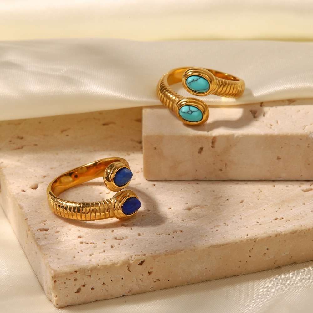 Vintage Jewelry 18K Gold Diamond Wrap Ring Two Stone Twisted Ring Adjustable Waterproof Non Tarnish Turquoise Snake Finger Ring