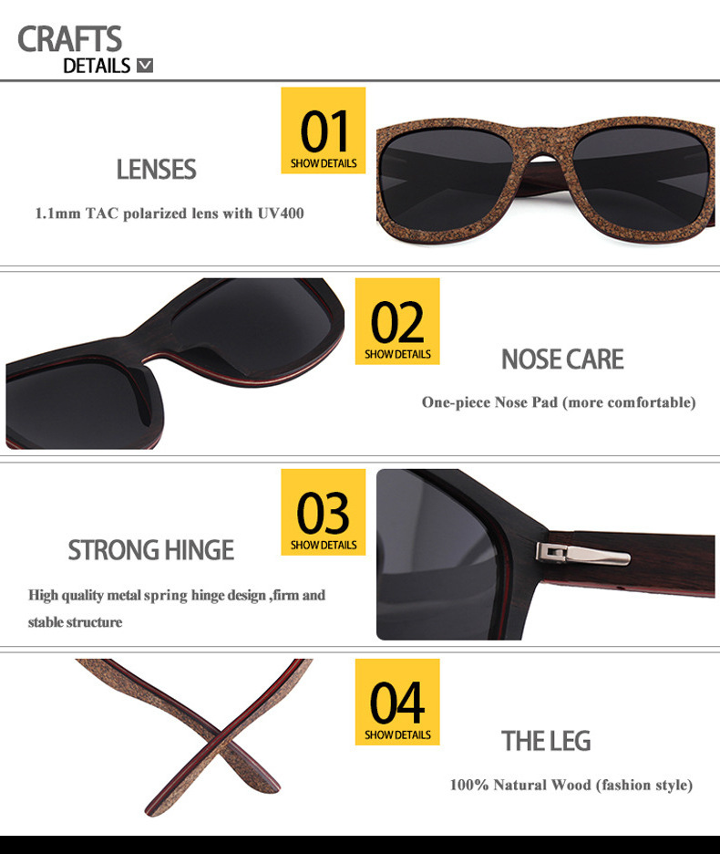 Dropshipping Vintage Square Natural Wood Sunglasses for Women Men Classic Retro Designer Style Custom Logo Cork Wood Sunglasses