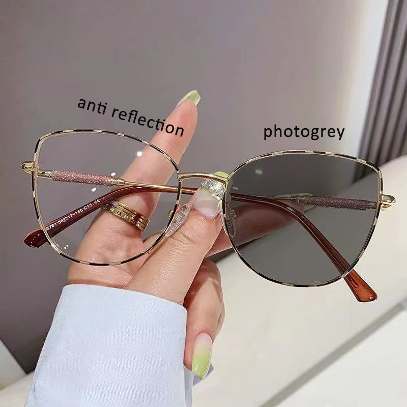 H7140 women metal cat eye photochromic photogrey optical frame anti blue light eyewear photogrey anti reflection glasses