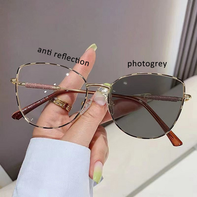 H7140 women metal cat eye photochromic photogrey optical frame anti blue light eyewear photogrey anti reflection glasses