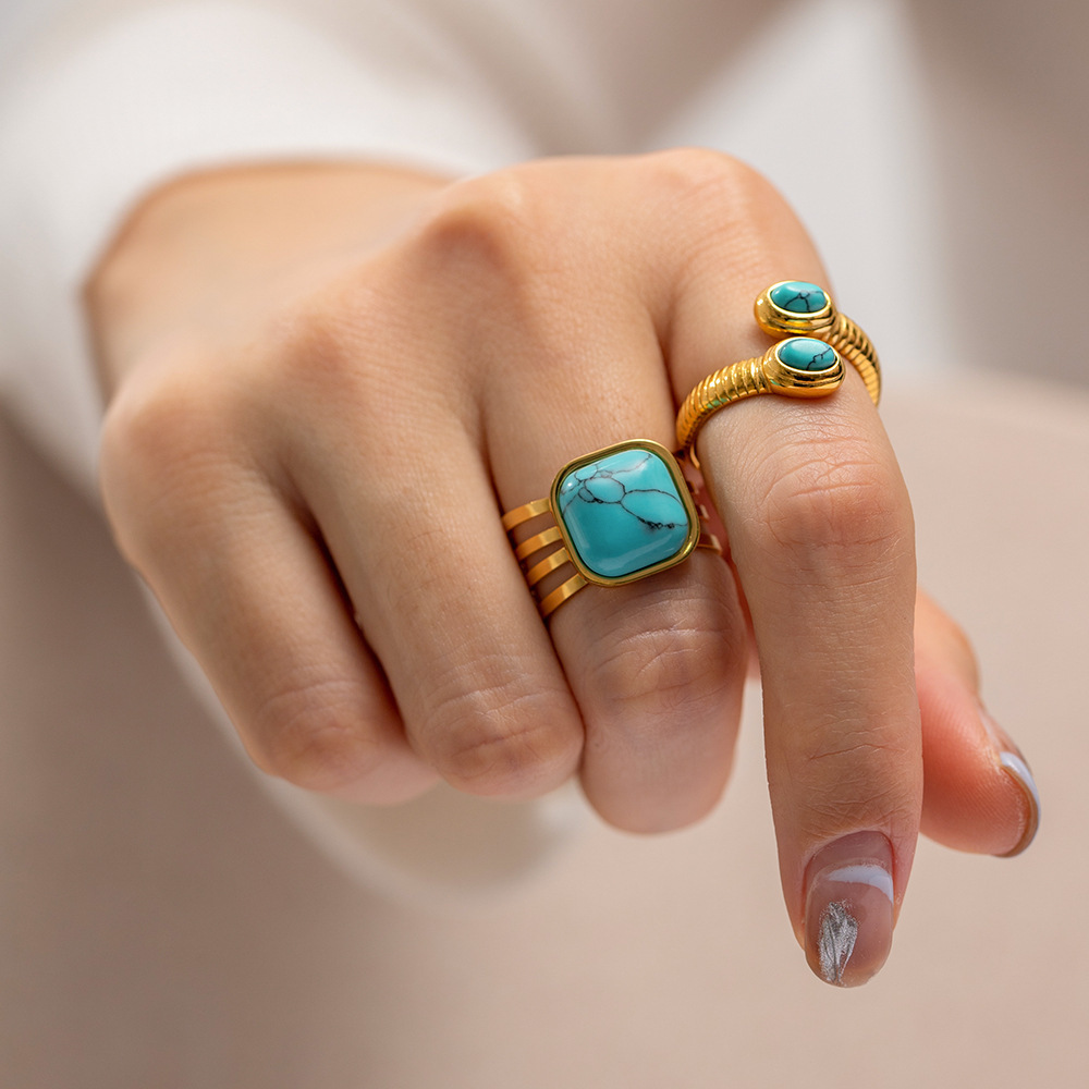 Vintage Jewelry 18K Gold Diamond Wrap Ring Two Stone Twisted Ring Adjustable Waterproof Non Tarnish Turquoise Snake Finger Ring