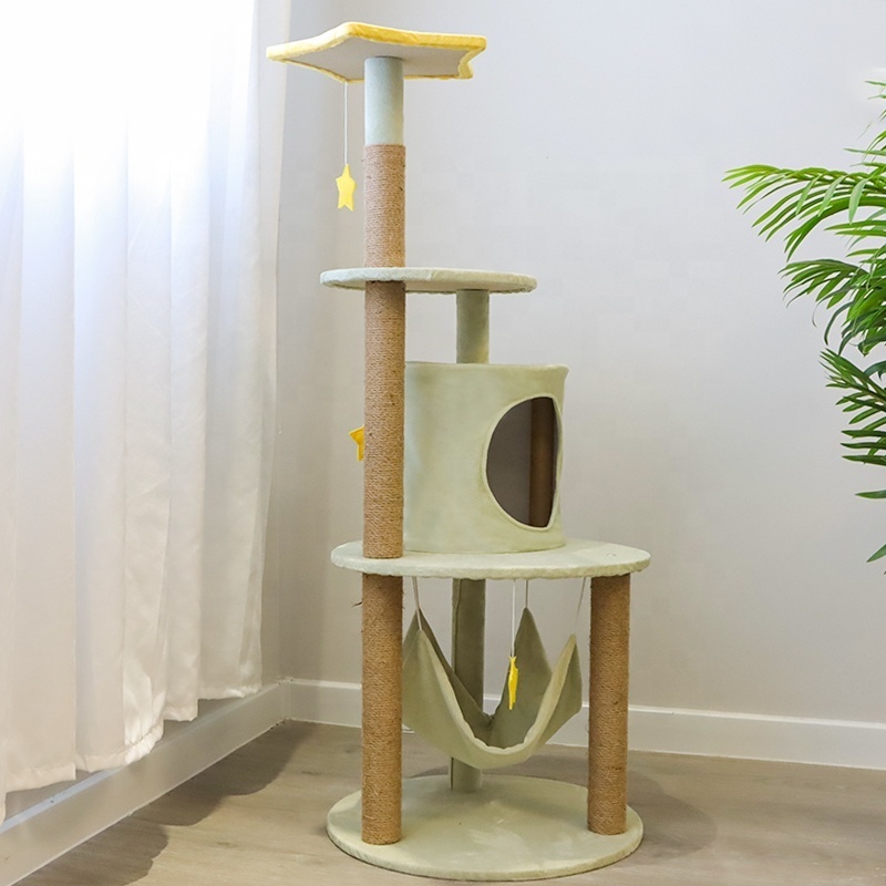 Newest hot sale high quality cat furniture comfy cat tree climbing frame cat scratcher post with small hammock