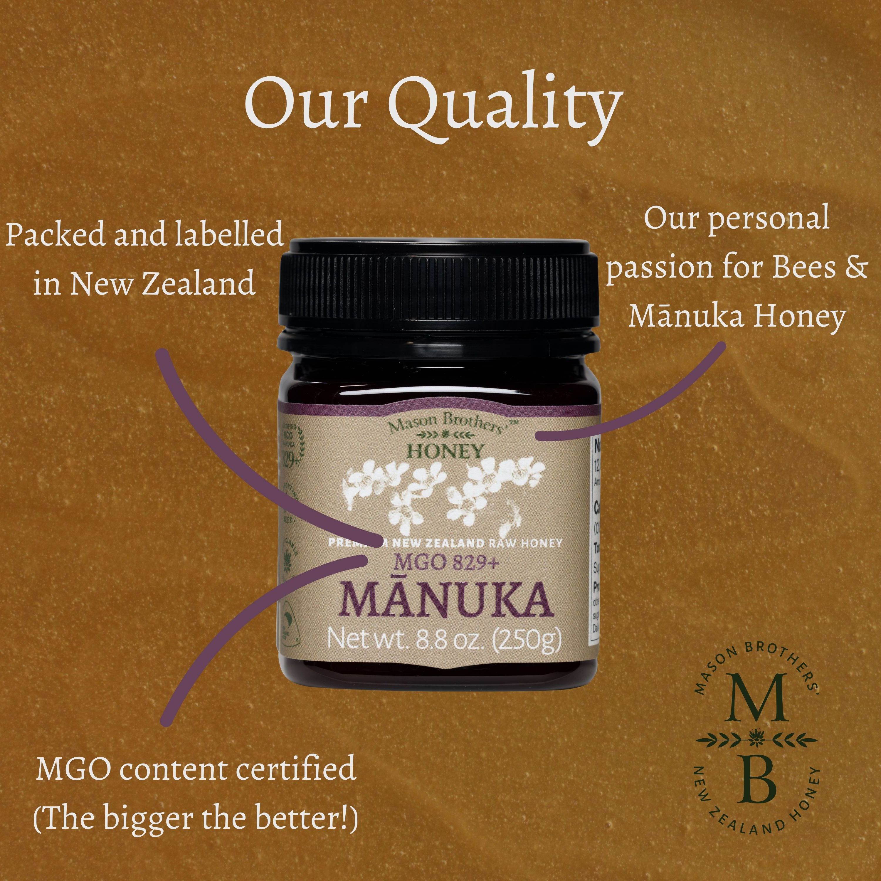 Mason Brothers' Highest Grade Manuka Honey MGO 829+ Bulk Suppliers 250g Jar Certified MGO Product Wholesale From New Zealand