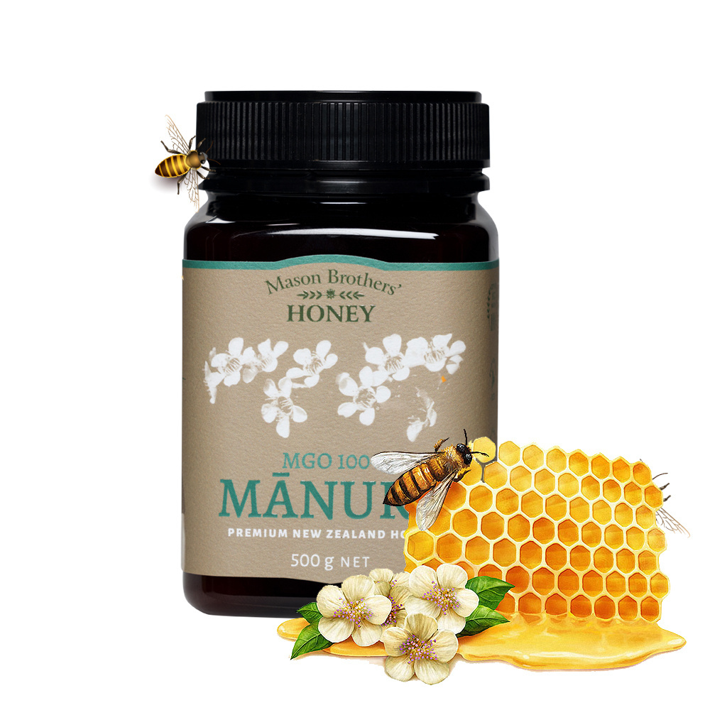 Premium Quality Honey From New Zealand 100% Pure MGO 100+ Manuka Honey 500gm Jar Packaging Wholesale Manufacturer Mason Brothers