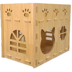 Assembled Indoor Wooden Cat House Enclosed Wood Pet Kennel Furniture Puppy Kitten Shelter Room Double Decker Villa