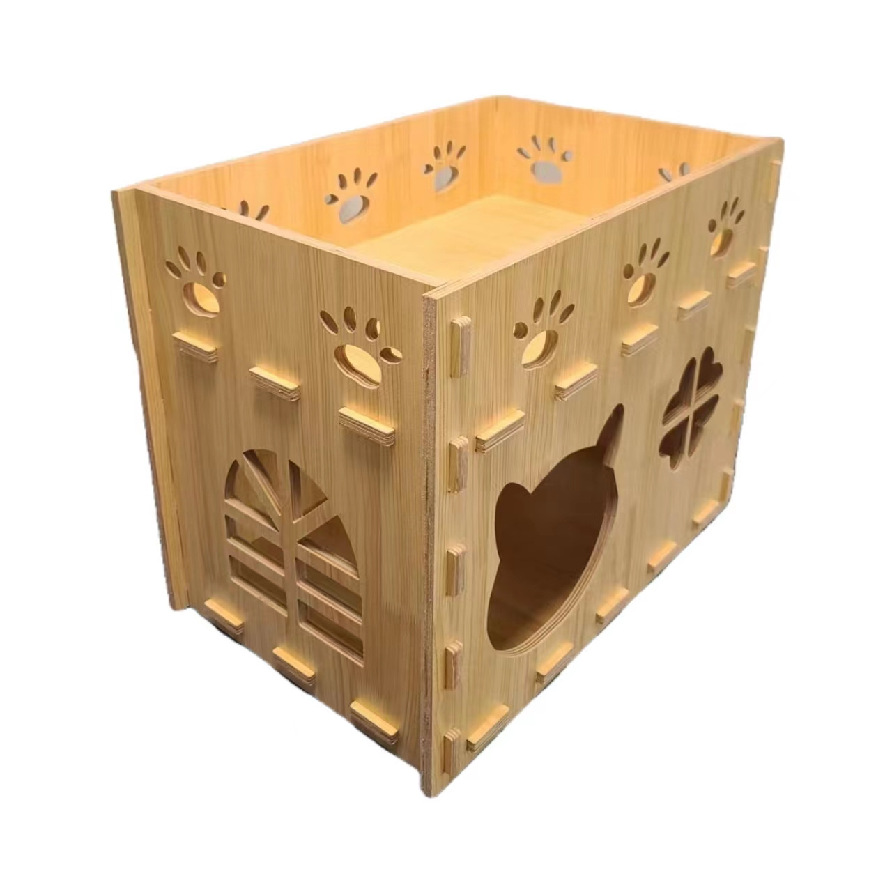 Assembled Indoor Wooden Cat House Enclosed Wood Pet Kennel Furniture Puppy Kitten Shelter Room Double Decker Villa