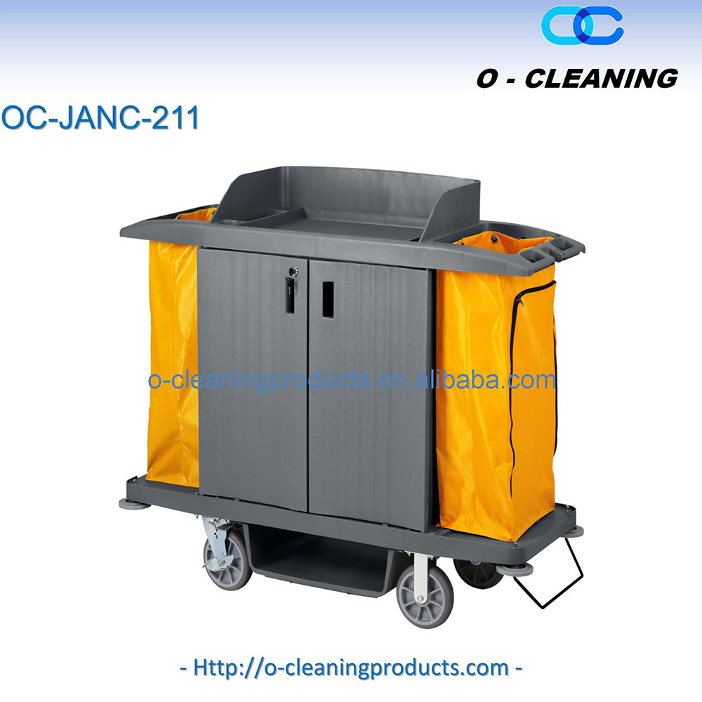 O-Cleaning Hotel Cleaning Cart,Housekeeping Room Service Cart,Hand Push Utility Cart,Commercial Janitorial Cart with Cabinet