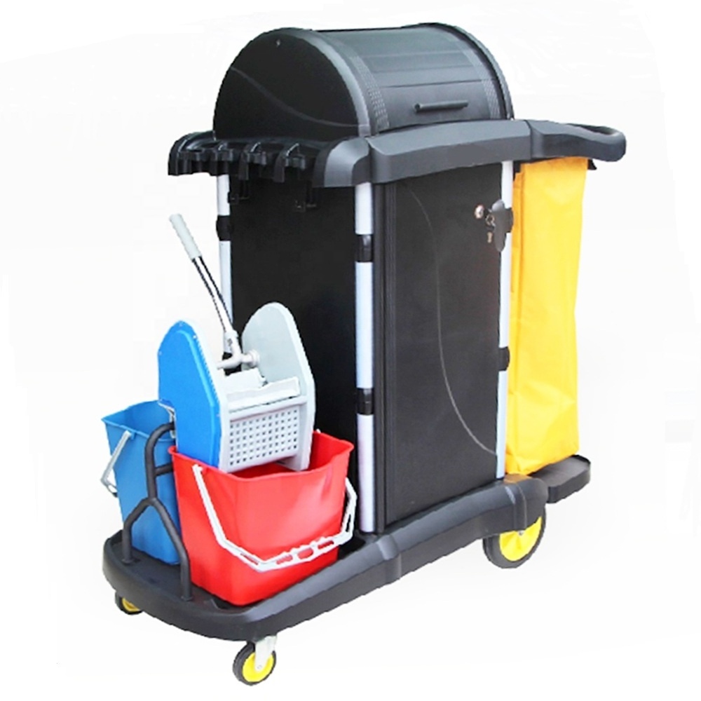 O-Cleaning Heavy Duty Commercial High Security Housekeeping Janitorial Cart with Key-Locking Cabinet On Wheels,Removable Bag