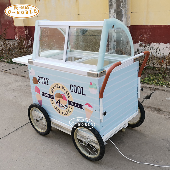 Mobile Italian ice cream hand push cart with display freezer Gelato stand cart