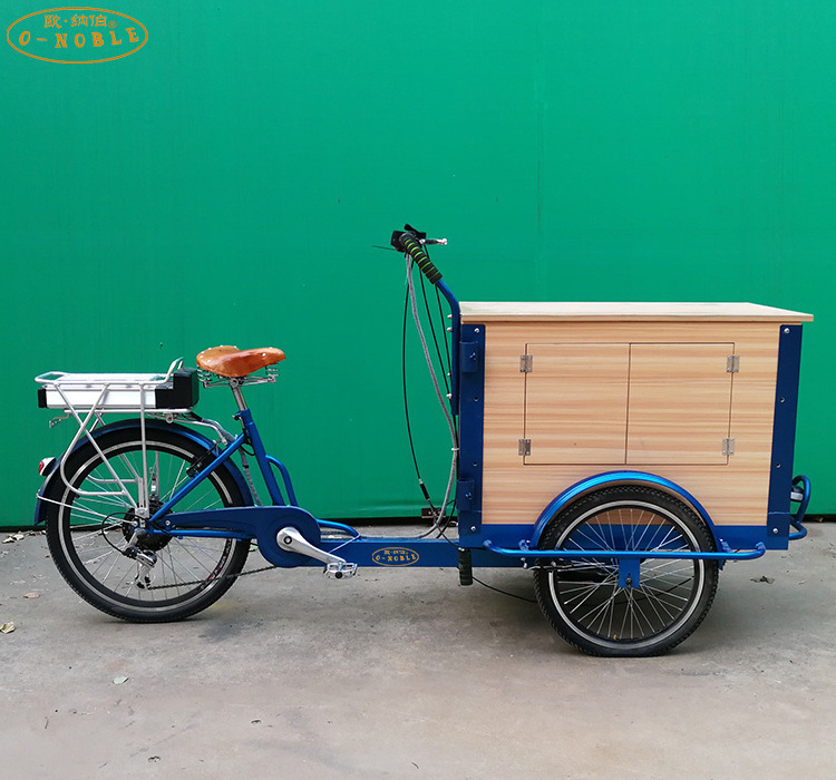 Sale of front-loaded cargo bikes with wooden boxes coffee sale of tricycles, 6-speed manual pedals bike trailer