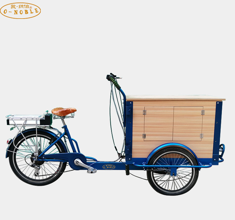 Sale of front-loaded cargo bikes with wooden boxes coffee sale of tricycles, 6-speed manual pedals bike trailer