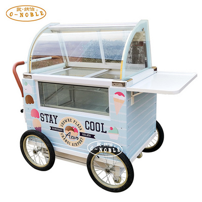 Mobile Italian ice cream hand push cart with display freezer Gelato stand cart