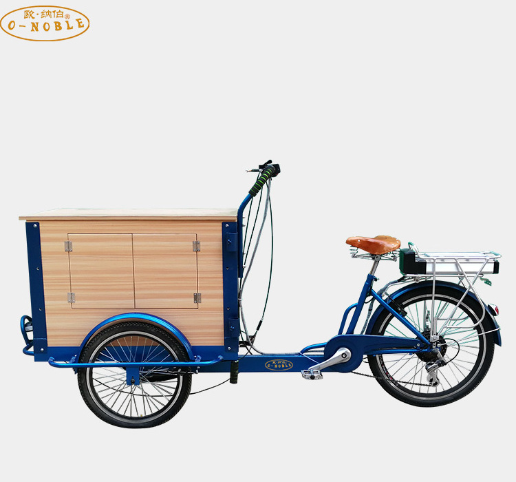 Sale of front-loaded cargo bikes with wooden boxes coffee sale of tricycles, 6-speed manual pedals bike trailer