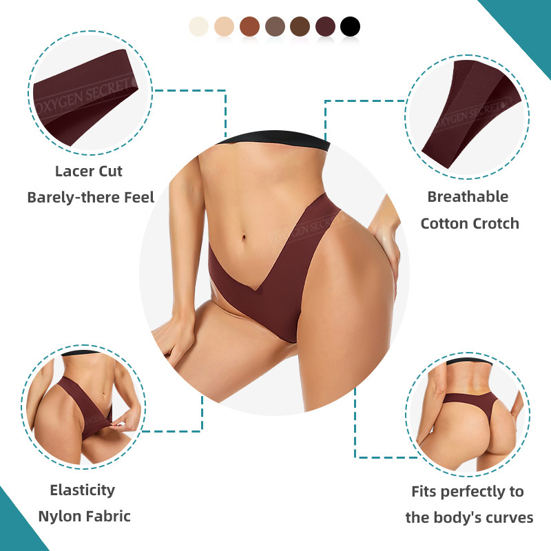 OXYGEN SECRET Comfortable Women Low Waist Seamless Laser Cut V Waist Thongs Invisible Nylon Bikini Tanga T Back Girls Panties