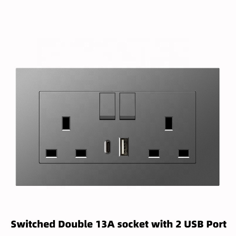 PC Grey Socket with Type C USB Fast Charger Electrical Wall Switches and Sockets  UK Malta Maldives