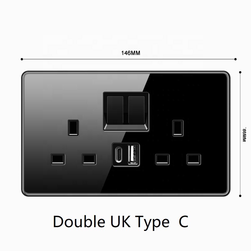 High Quality Black Electrical Wall Switch Full Tempered Glass Panel UK Wall Sockets 1 2 3  4 Gang USB Sockets CE Certificate