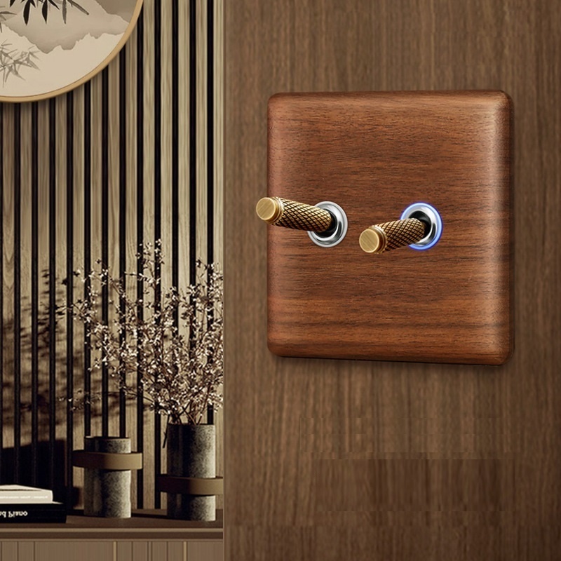 86 Type Light Luxury UK EU French Standard Walnut Wooden Panel Electrical Sockets and Switches Brass Toggle Switches Led Light