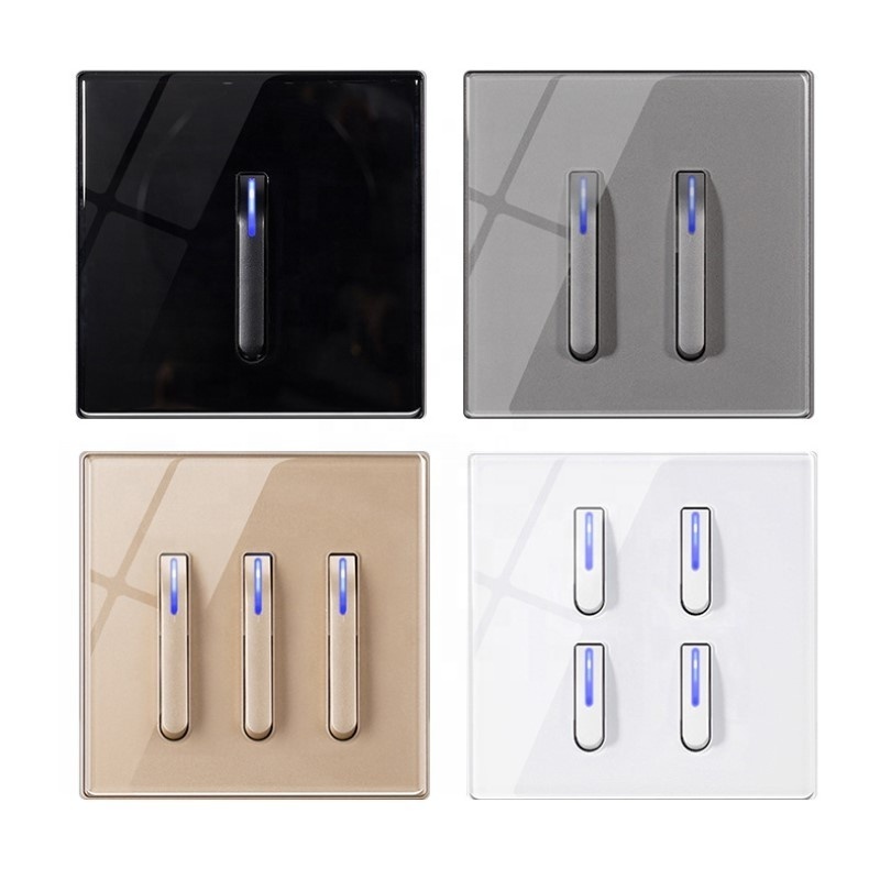 New Design Luxury Piano Key Full Tempered Glass Panel Electrical Wall Switches 1 2 3 4 Gang 1 Way 2 Way White Black Gold Grey