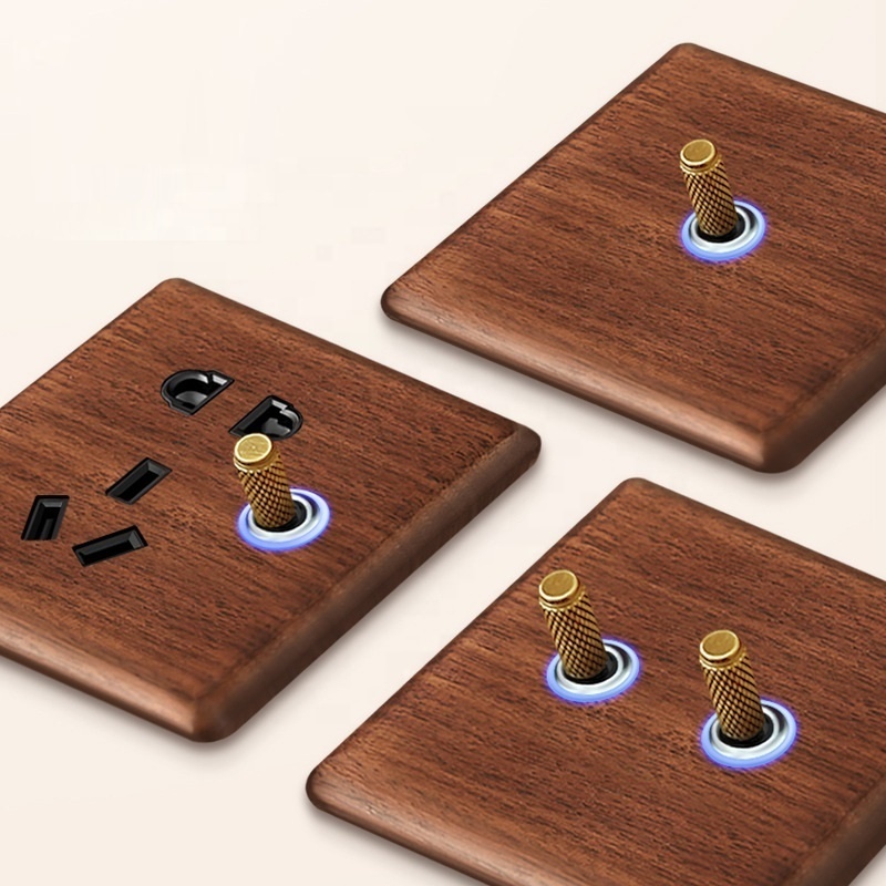 86 Type Light Luxury UK EU French Standard Walnut Wooden Panel Electrical Sockets and Switches Brass Toggle Switches Led Light