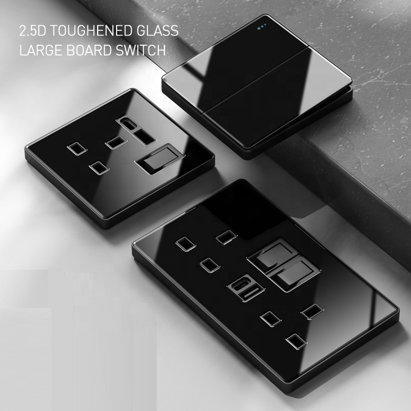 CE Qualified 220V Wall Electrical Switches Black Tempered Glass Sockets and Switches UK USB C Type Fast Charge Socket