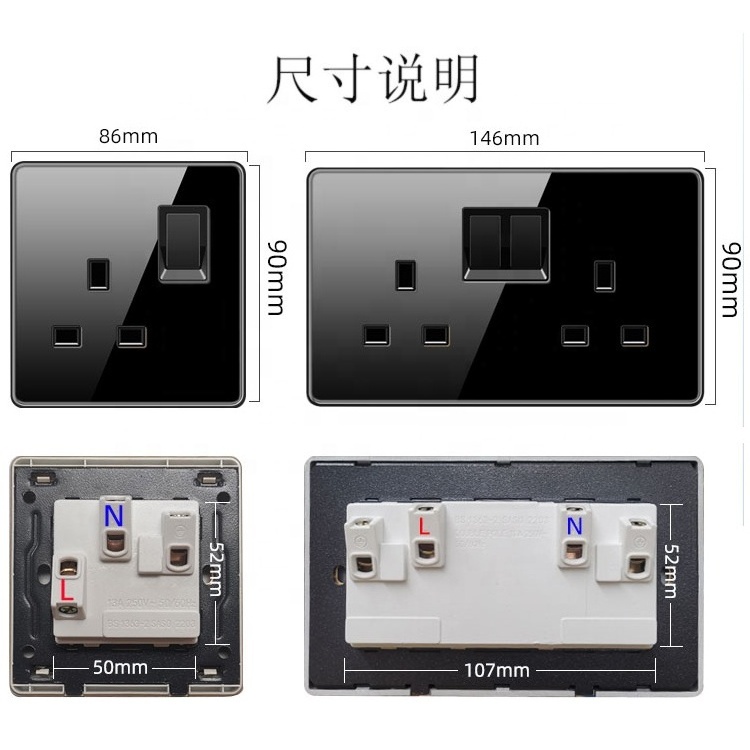 High Quality Black Electrical Wall Switch Full Tempered Glass Panel UK Wall Sockets 1 2 3  4 Gang USB Sockets CE Certificate