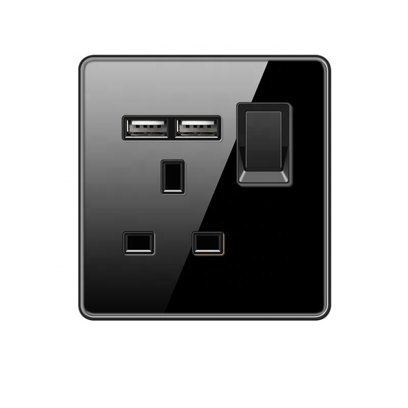 CE Qualified 220V Wall Electrical Switches Black Tempered Glass Sockets and Switches UK USB C Type Fast Charge Socket