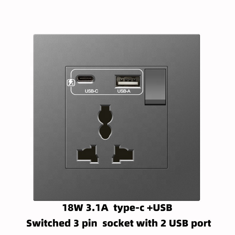 PC Grey Socket with Type C USB Fast Charger Electrical Wall Switches and Sockets  UK Malta Maldives