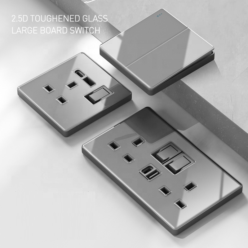 Luxury Grey Full Crystal Tempered Glass Wall Switch Socket UK Electrical Sockets Switches Double Type C USB Socket with CE