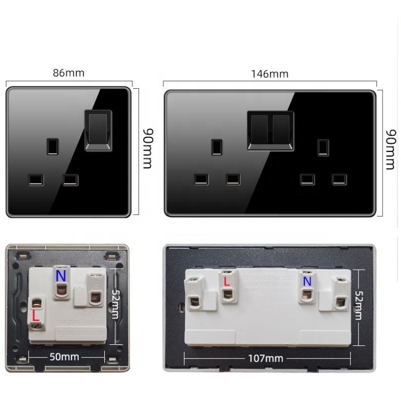 CE Qualified 220V Wall Electrical Switches Black Tempered Glass Sockets and Switches UK USB C Type Fast Charge Socket