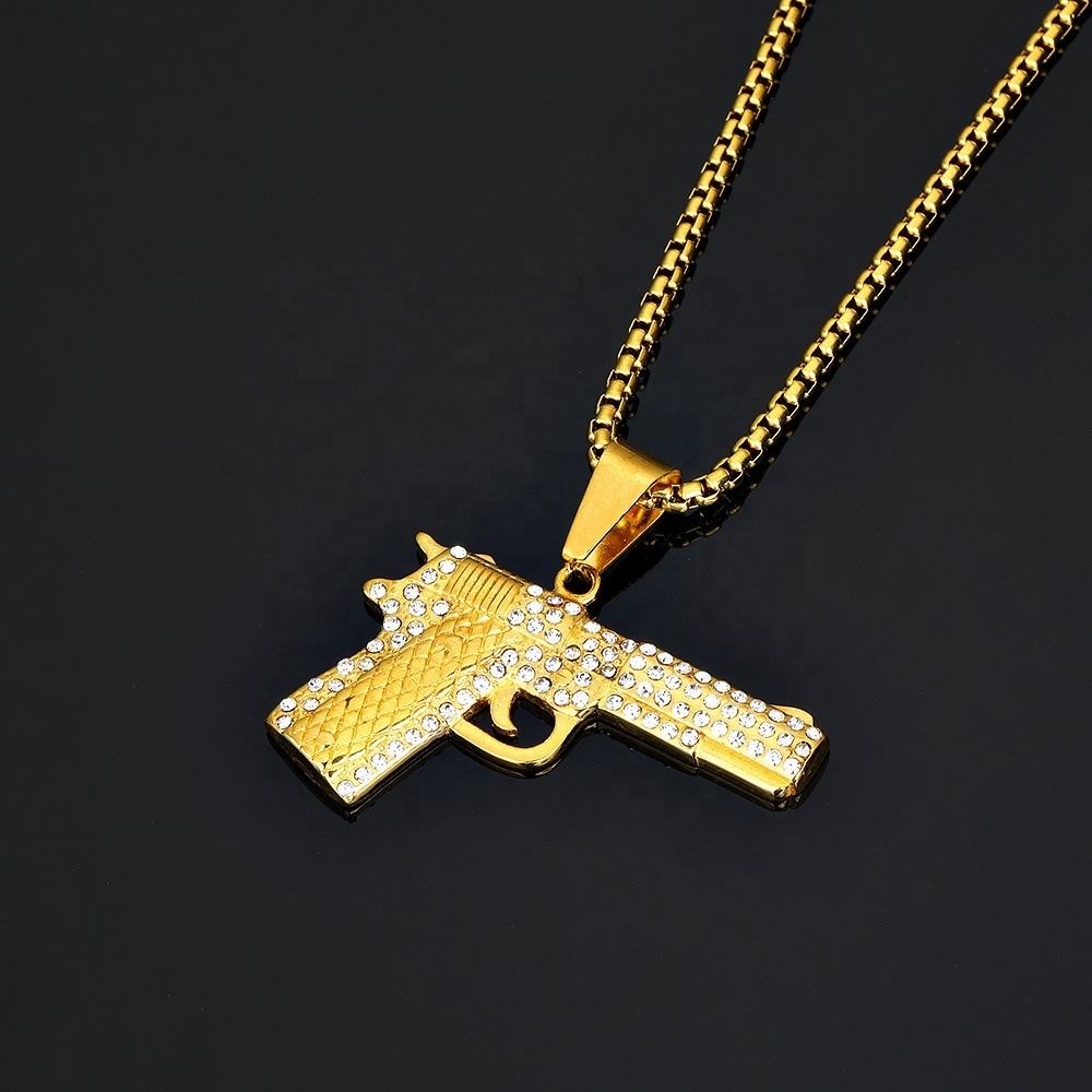 S.Steel Men Gun Shape Necklaces Pistol Pendants for Policemen Stainless Steel 18K Gold Plated Pendant Necklace Hip Hop Jewelry