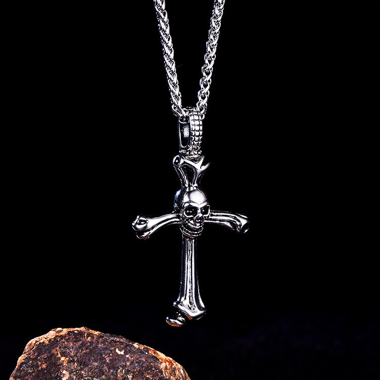 Skeleton Shield Shape Stainless Steel Christian Cross skull pendant necklace cross necklace stainless steel pendant for men