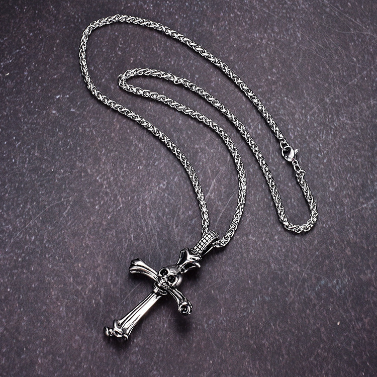 Skeleton Shield Shape Stainless Steel Christian Cross skull pendant necklace cross necklace stainless steel pendant for men