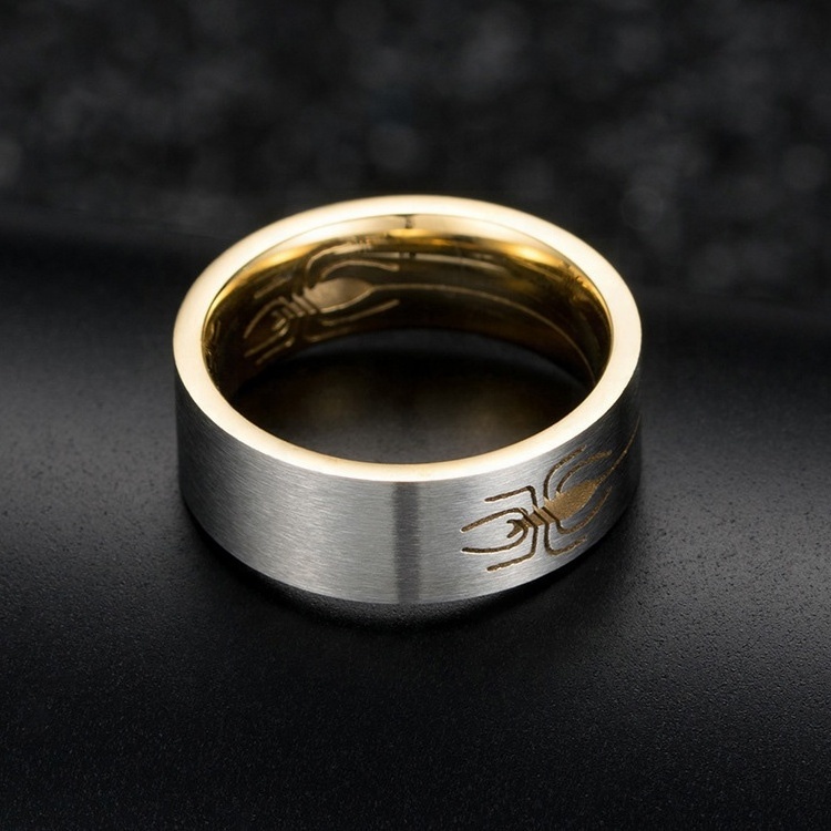 Gold PVD Cool Spider Stainless Steel Ring Bands For Engagement Men Silver Strip Custom Engraved Finger Ring Steel Jewelry