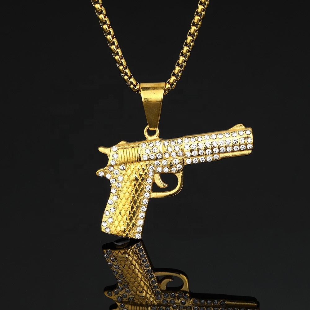 S.Steel Men Gun Shape Necklaces Pistol Pendants for Policemen Stainless Steel 18K Gold Plated Pendant Necklace Hip Hop Jewelry