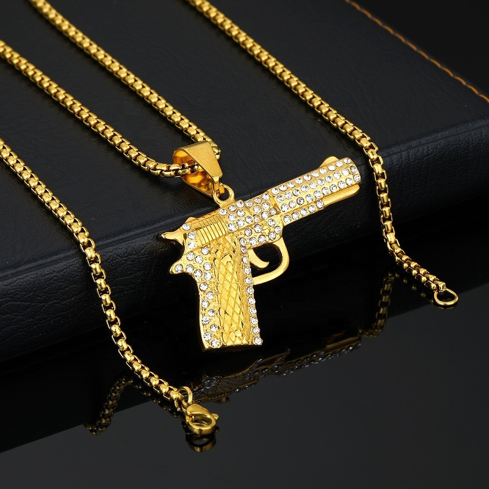 S.Steel Men Gun Shape Necklaces Pistol Pendants for Policemen Stainless Steel 18K Gold Plated Pendant Necklace Hip Hop Jewelry