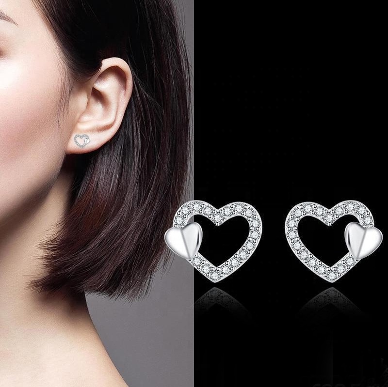 Trendy  Minimalist Stone Heart Stud Earrings with Zircon Jewelry Models  Designs for Woman White Gold Plated Earring Gift