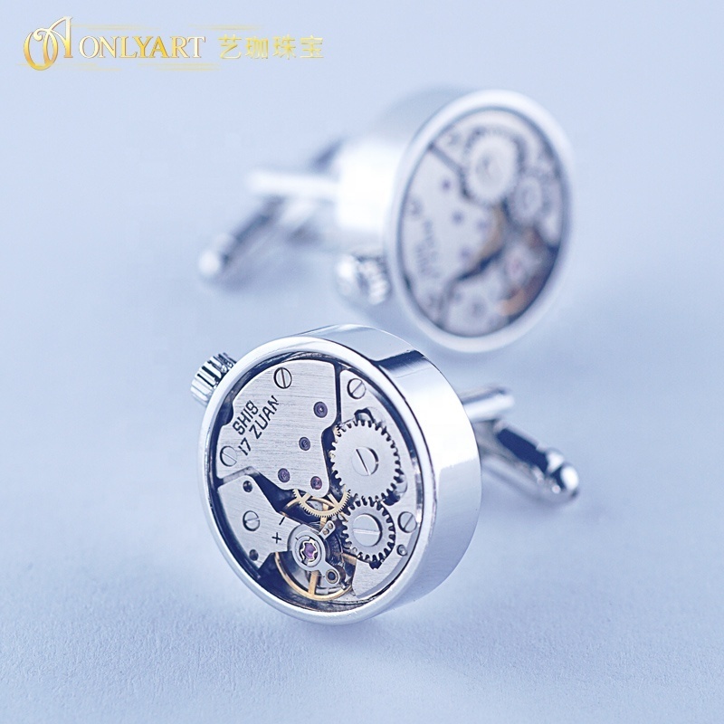 fashionable silver color cufflinks high end for men 3d printed engraved cufflink for men's shirt cuff watch movement inlay