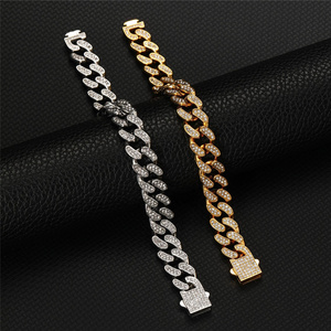 Wholesale Men's Stainless Steel 18K Gold Plated Iced Out 12-13MM Cuban Bracelet Punk Jewelry for Party Inoxidable Acero Joyeria