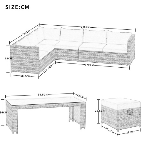 6-Piece Patio Furniture Set Outdoor Sectional Sofa with Glass Table, Ottomans for Pool, Backyard